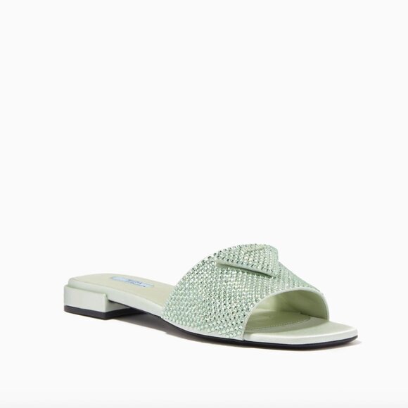 Prada Satin Crystal Embellished Acqua Slide Mules Sandals 37.5, 1XX642 NEW - Picture 8 of 16
